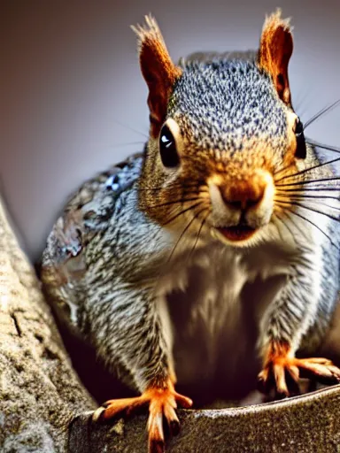 Image similar to a squirrel as king arthur, extremely plump, wearing crown of acorns and dandelions, servant squirrels, king arthur's court, game of thrones, sitting on throne, extreme wide shot, low angle, palace, fantasy art, cinematic lighting, realistic, sony 2 4 mm f 8. 0