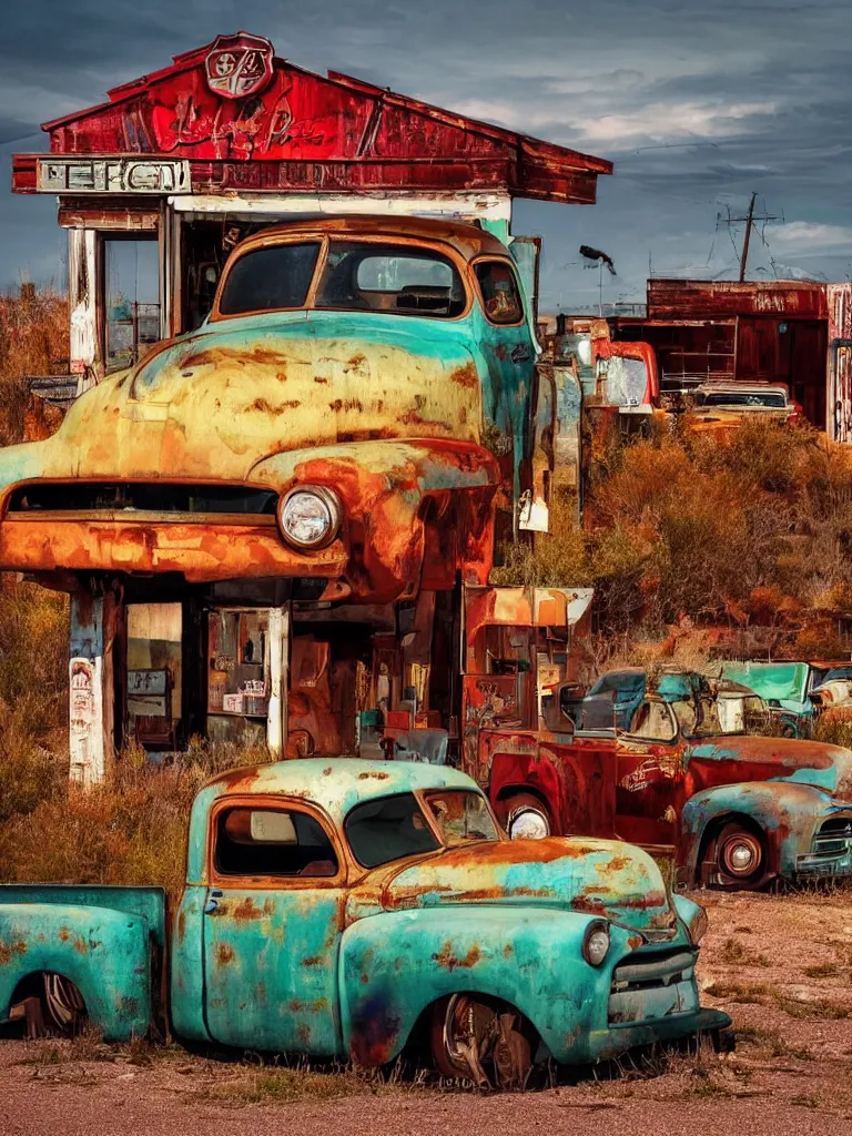 Image similar to A beautiful colorful evening scene of route66 with abandoned gas station and rusty old pickup truck :: hyper realistic