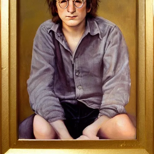 Prompt: A portrait of teenage John Lennon, by Annie Leibovitz, oil painting, majestic, detailed, high resolution