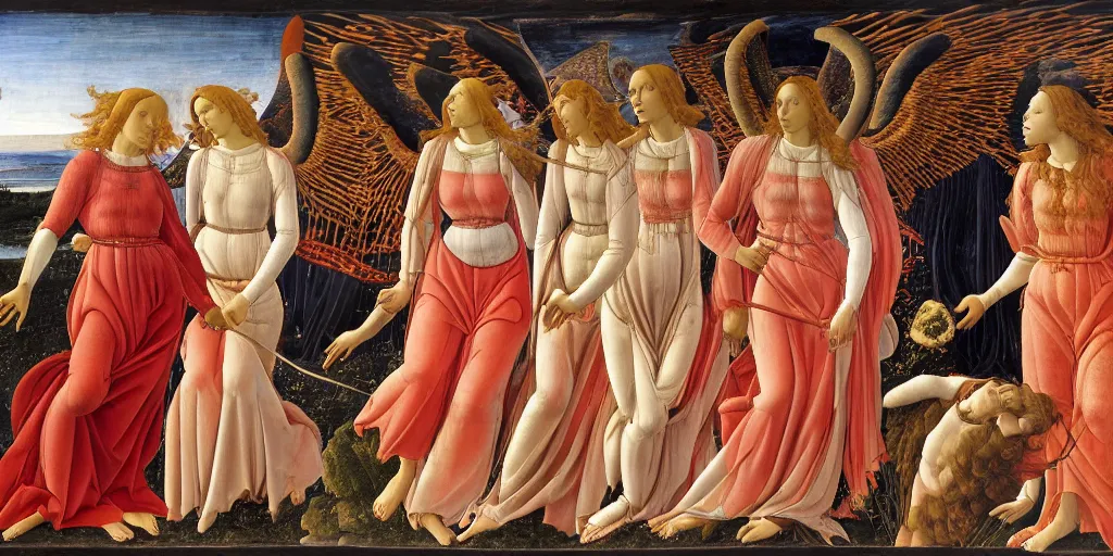 Image similar to Angels holding red spiral Spears descend from the heaven to cast judgment on the humans who try to run below their feet, oil painting by sandro botticelli, highly detailed, renaissance art, 8k