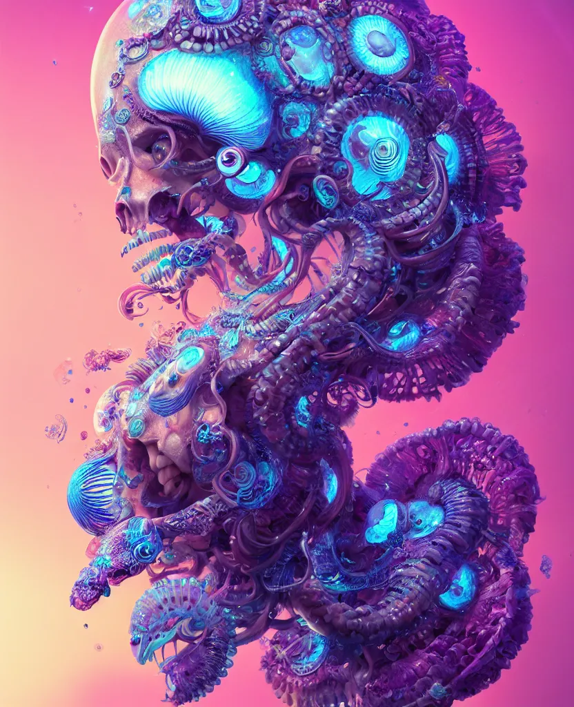 Image similar to goddess princess beautiful face close-up portrait ram skull. jellyfish phoenix head, nautilus, orchid, skull, betta fish, bioluminiscent creatures, intricate artwork by Tooth Wu and wlop and beeple. octane render, trending on artstation, greg rutkowski very coherent symmetrical artwork. cinematic, hyper realism, high detail, octane render, 8k
