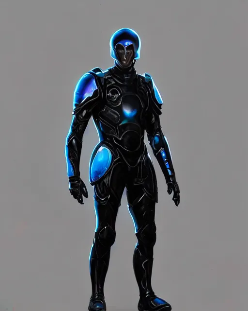 Image similar to character concept of iridescent sinewy smooth muscular male sleek glossy bluish black pearlescent scifi armor with smooth black featureless helmet, by greg rutkowski, mark brookes, jim burns, tom bagshaw, magali villeneuve, eve ventrue, trending on artstation