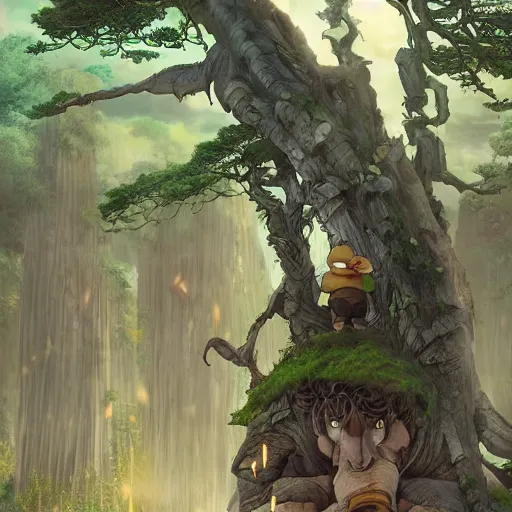 Prompt: giant ogres holding saws and cutting down trees, fantasy, magical, unreal, by studio ghibli, matte painting