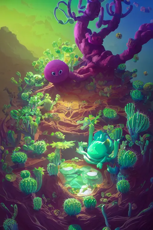 Image similar to roots cactus sushi cristal smurf ghost creature animal sushi cristal very big eye roots cactus elemental flush of force nature micro world fluo fishscale, behance hd by jesper ejsing, by rhads, makoto shinkai and lois van baarle, ilya kuvshinov, rossdraws radiating a glowing aura global illumination ray tracing hdr