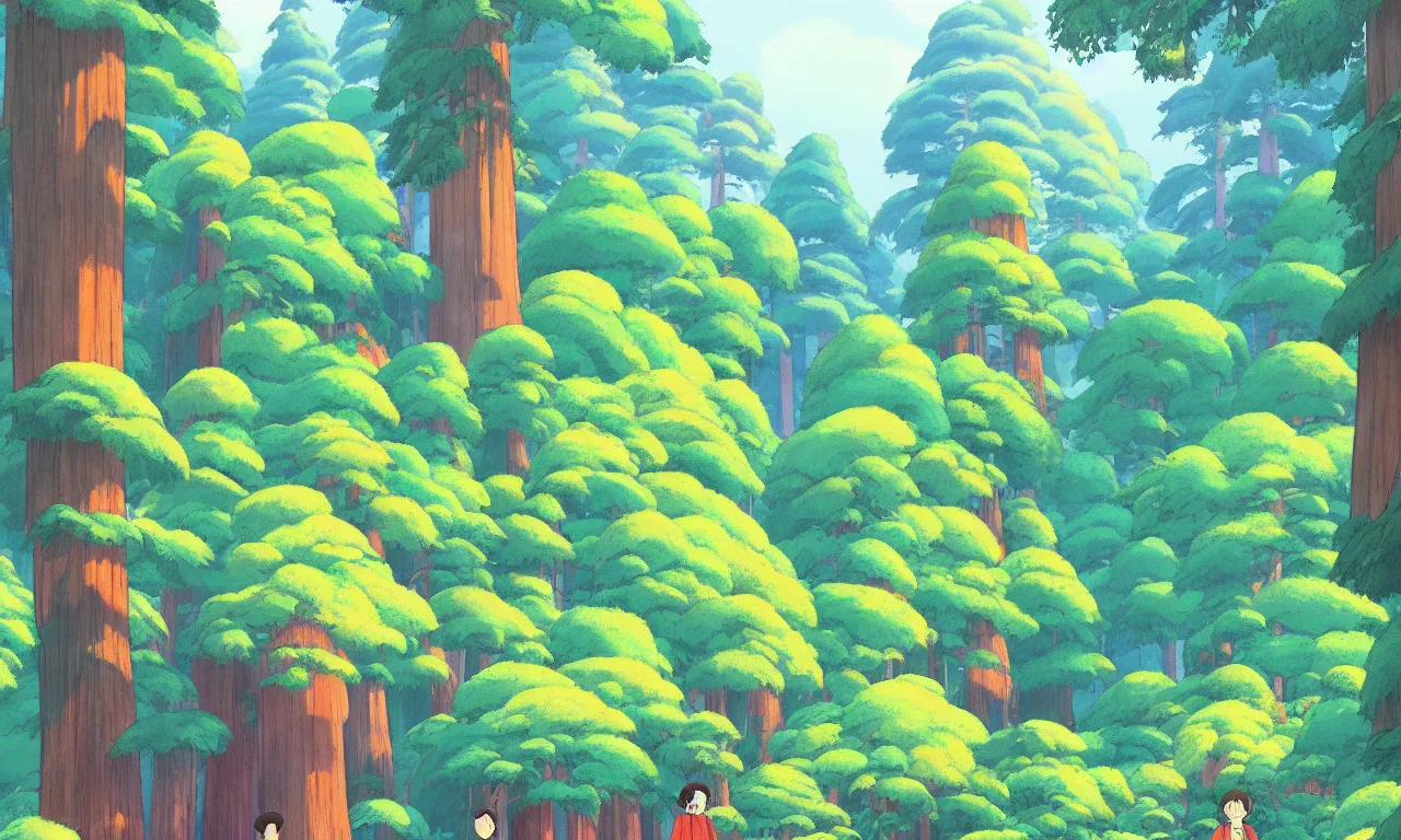 Image similar to Sequoia park in a colorful moutain with beautiful trees , no people, morning, by studio ghibli painting, superior quality, masterpiece, traditional Japanese colors, concept art