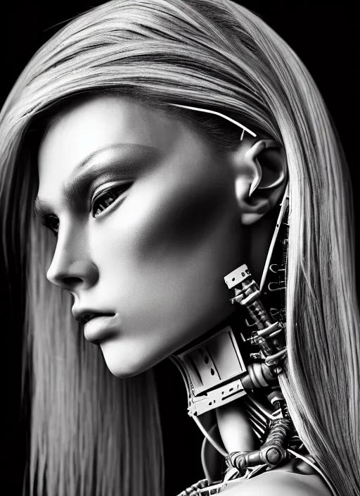 Image similar to a stunning young female cyborg profile face, face is made intricate tribal bio - mechanical, editorial photography, bw, shot on 7 0 mm, depth of field, f / 2. 8, high contrast, 1 6 k, rays of shimmering light, volumetric lighting, shiny, insanely detailed and intricate, hypermaximalist, elegant, ornate, hyper realistic, super detailed