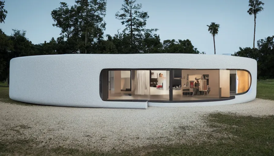 Prompt: A wide image of a full innovative contemporary 3D printed prefab cabin with rounded corners, beveled edges, made of cement, organic architecture, Designed by Gucci, Balenciaga, and Wes Anderson