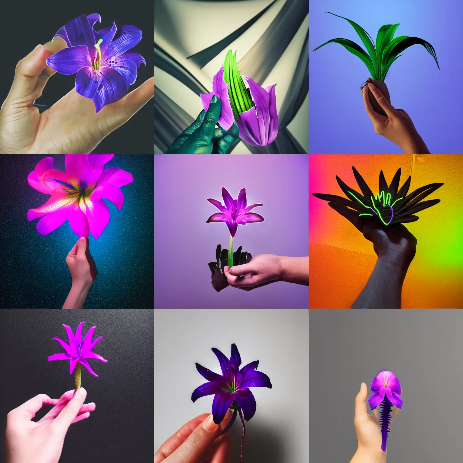 Prompt: hand holding on palm neon lily one flower, studio shot, black purple studio background, studio lighting, night dramatic lighting, trending on ArtStation, concept art, no surroundings, high detail, ray tracing, picturesque artwork by Mike Winkelmann, 4K, 8K, super graphically realistic detailed, high definition, HDR