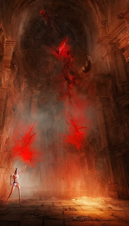 Image similar to a demonic female creature battles astaroth in an abandoned church in the vatican, 8 k, soft lighting, hdr, octane render, cinematic, red fluid on walls of the church, creature design by yasushi nirasawa, smoke, photorealistic, bokeh