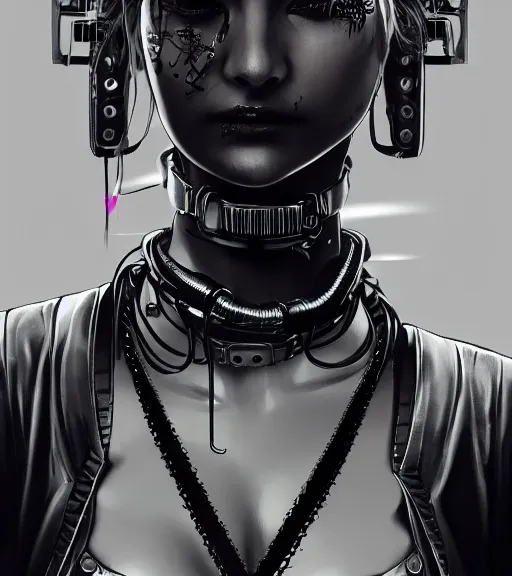 Image similar to detailed realistic female character cyberpunk wearing thick technological collar around neck, realistic, art, beautiful, 4K, collar, choker, collar around neck, punk, artstation, detailed, female, woman, choker, cyberpunk, neon, punk, collar, choker, collar around neck, thick collar, tight around neck, punk,