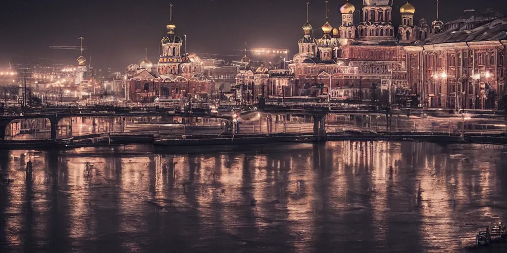 Prompt: city in russia 2 0 7 7, petersburg at night, cathedral, neon lights, punk, grunge, cyberpunk