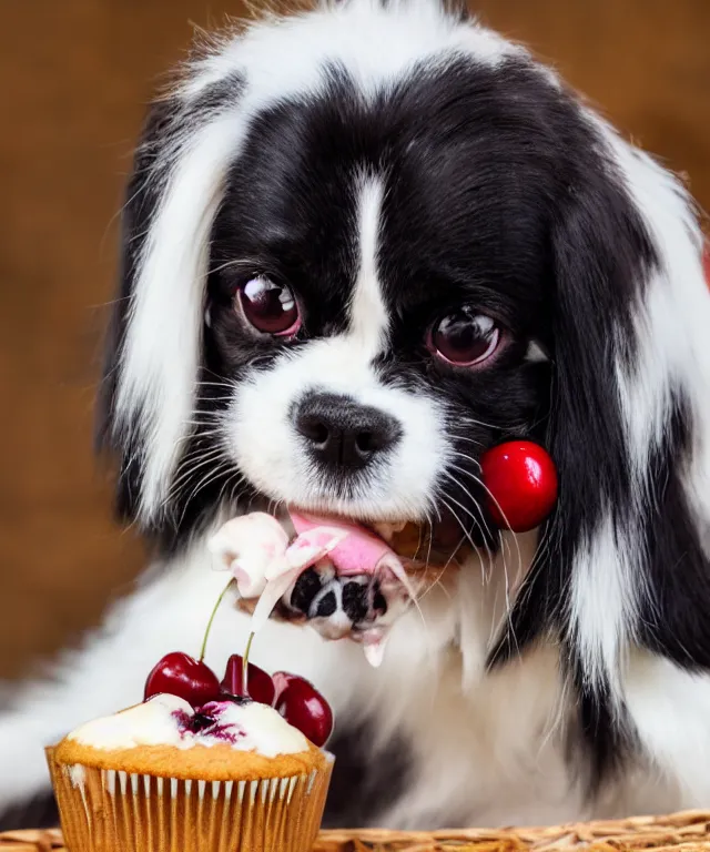 Image similar to black and white japanese chin dog eating cherry muffins