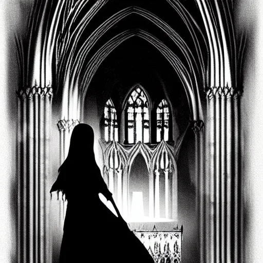 Prompt: a beautiful gothic girl inside a dark gothic cathedral illuminated by candles, impressive scene. grainy and rough. black and white colour scheme. beautiful artistic detailed digital art