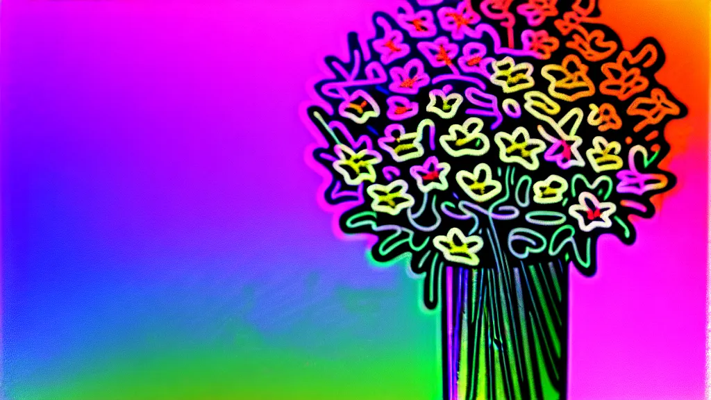 Prompt: bouquet of flowers risograph holographic chrome neon streaks 4k sharpening photorealism gothic rule of thirds composition dramatic lighting