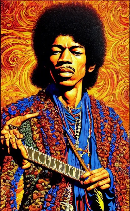 Image similar to an awesome jean giraud graphic art of jimi hendrix in the style of a renaissance masters portrait, mystical and new age symbolism and tibetan book of the dead imagery, intricately detailed, 4 k