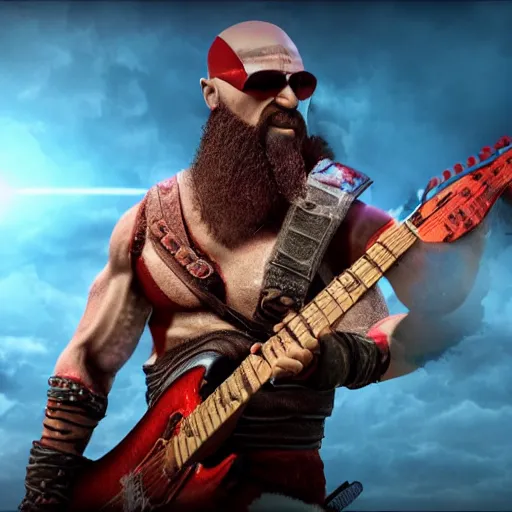 Prompt: sunglasses wearing kratos shredding on a flaming stratocaster guitar, cinematic render, god of war 2 0 1 8, santa monica studio official media, sunglasses, lightning, spartan rage