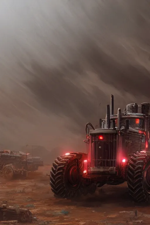 Image similar to a highly detailed beautifuly rendered, tractor that pulls a tank, thick dust and red tones, bladerunner, cyberpunk, lost city, hyper - realistic environment, epic concept art