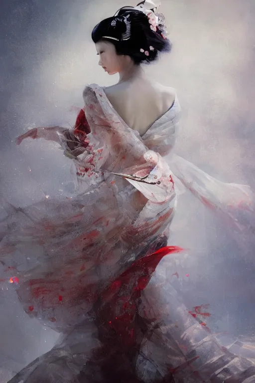 Image similar to magnificent full body geisha prima ballerina dancing in the wind, intricate, elegant, volumetric lighting, digital painting, highly detailed, artstation, sharp focus, illustration, concept art, ruan jia, steve mccurry