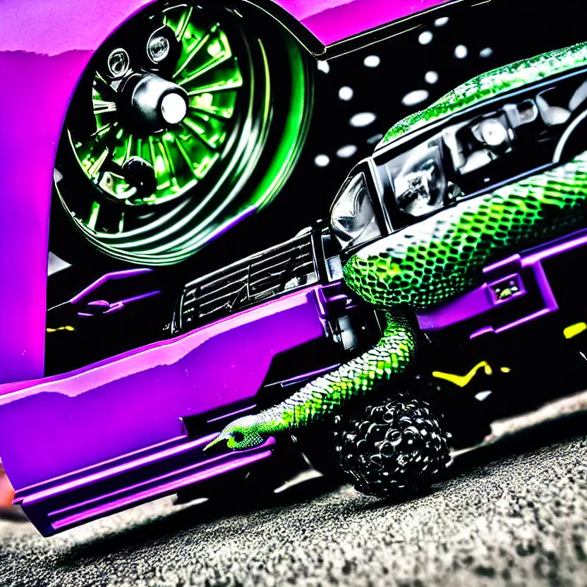 Prompt: close-up JZX100 twin turbo drift jet engine monster truck drag racer cowboy Cadillac in the road, Tokyo prefecture, Japanese architecture, city sunset mist lights, cinematic lighting, photorealistic, detailed alloy wheels, highly detailed purple green snake oil wacky races power ranger bat-mobile transformer car