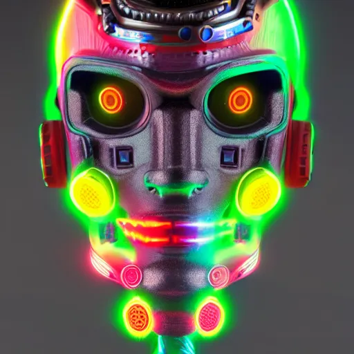 Image similar to a detailed vcyberpunk aztec rococo robot head wearing multicolored wires and headphone, 8 k, front view, symetrical, flourescent colors, halluzinogenic, multicolored, exaggerated detailed, front shot, 3 d render, octane