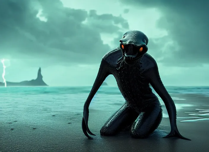 Image similar to a stunning cinematic extreme wide shot of an adorable fearful slick sleek smooth humanoid sea monster wearing clothes made of seaweed on a dark stormy beach, well designed perfect with huge luminous sad eyes, sharp claws, cgsociety, hd octane render, fantasy, furry art, artstation, deviantart, furaffinity, very very clean