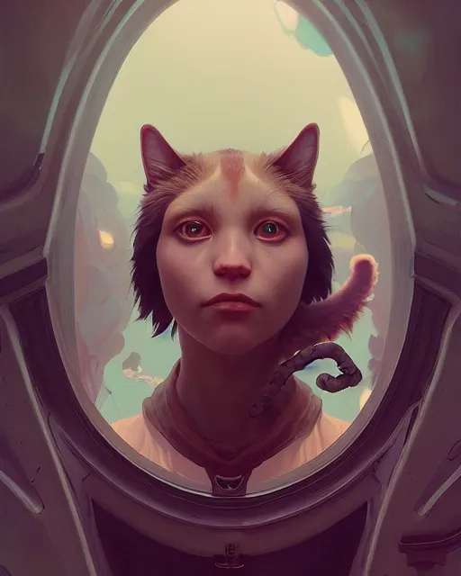 Image similar to highly detailed surreal vfx portrait of cat, stephen bliss, unreal engine, greg rutkowski, loish, rhads, beeple, makoto shinkai and lois van baarle, ilya kuvshinov, rossdraws, tom bagshaw, alphonse mucha, global illumination, detailed and intricate environment