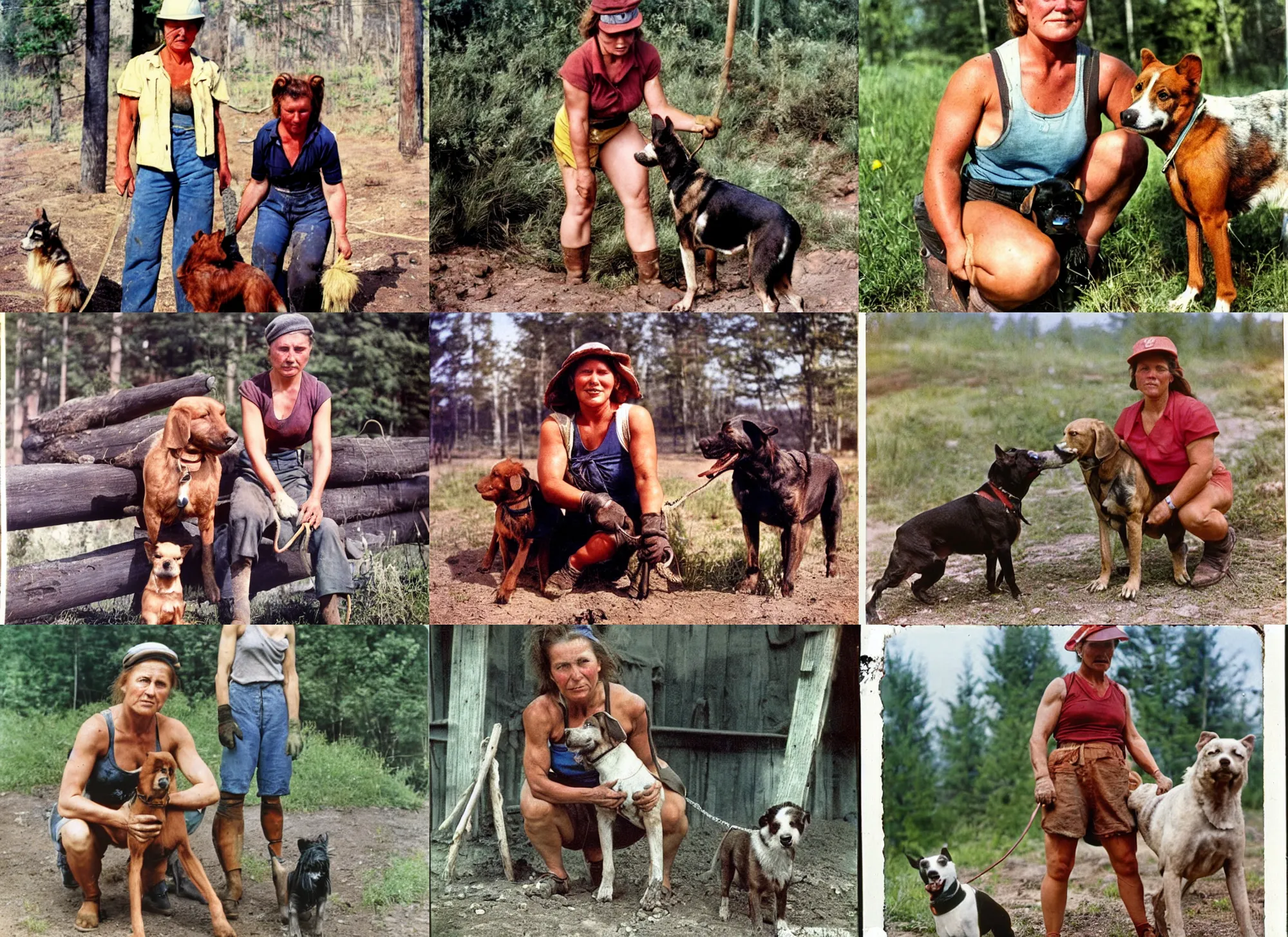 Prompt: A Muscular miner woman and her dog, summer 90's professional color photograph.