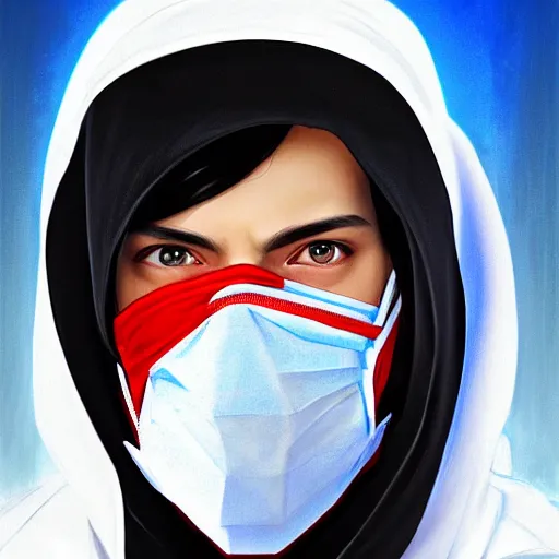Image similar to ultra realistic illustration, man with black hair with a black medical mask, in blue hood, red and blue eyes, highly detailed, digital painting, artstation, concept art, smooth, sharp focus, illustration, art by artgerm and greg rutkowski and alphonse mucha