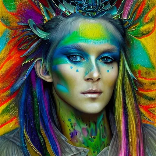 Image similar to A princess with rainbow wings and rainbow hair. complex hyper-maximalist over-detailed, cinematic cosmic scifi portrait of an elegant very attractive but wild and dangerous witch anthropomorphic female warrior god by andrei riabovitchev, tomasz alen kopera, oleksandra shchaslyva alex grey and bekinski. Fantastic realism. Volumetric soft green and red lights. Ominous intricate. Secessionist style ornated portrait illustration. Unreal engine 5. Focus on face. Artstation. Deviantart. 8k 4k 64megapixel. Cosmic horror style. Rendered by binx.ly. coherent, hyperrealistic, lifelike textures and only one face on the image.