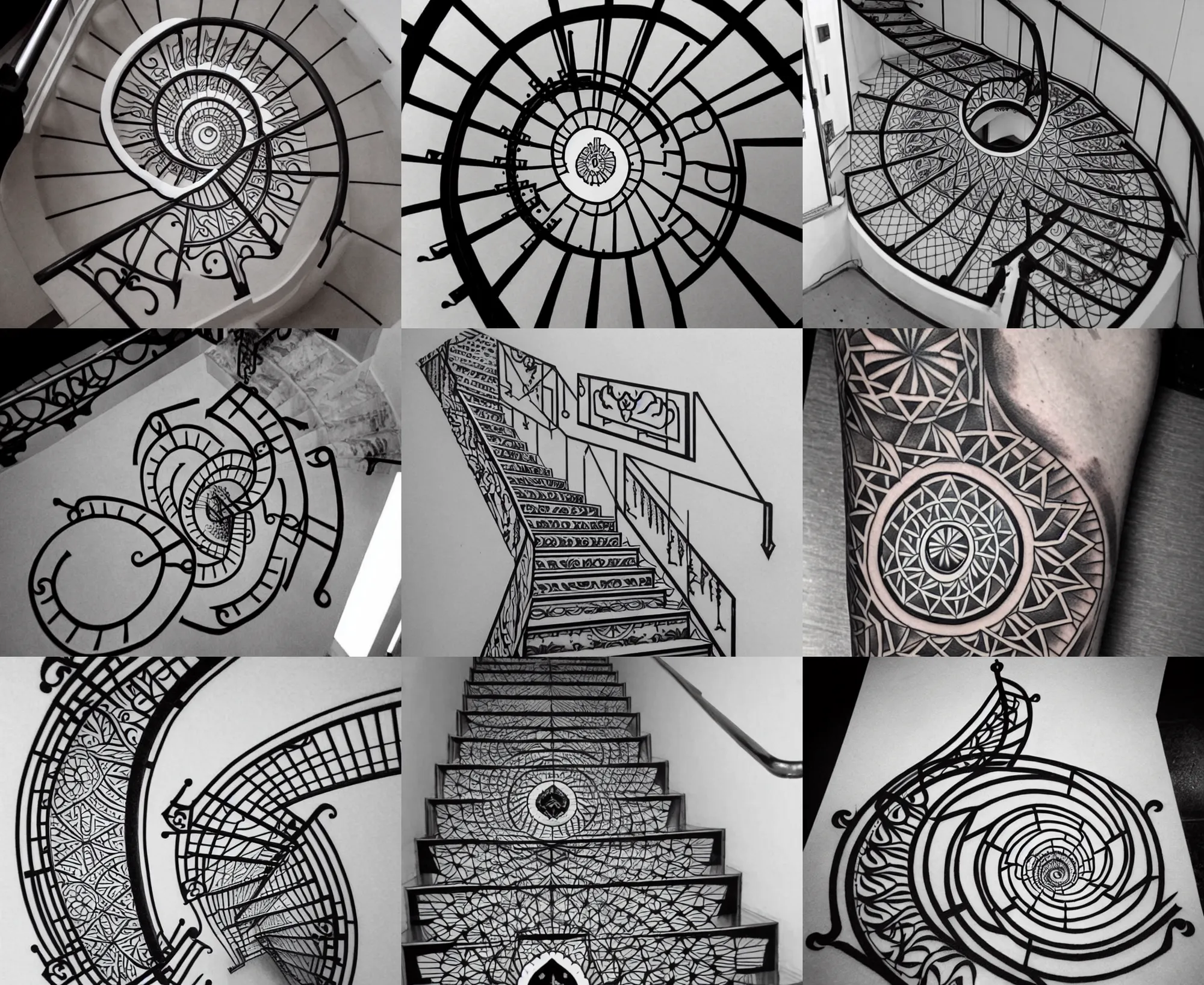 Prompt: detailed amazing tattoo stencil of a penrose staircase, symmetrical