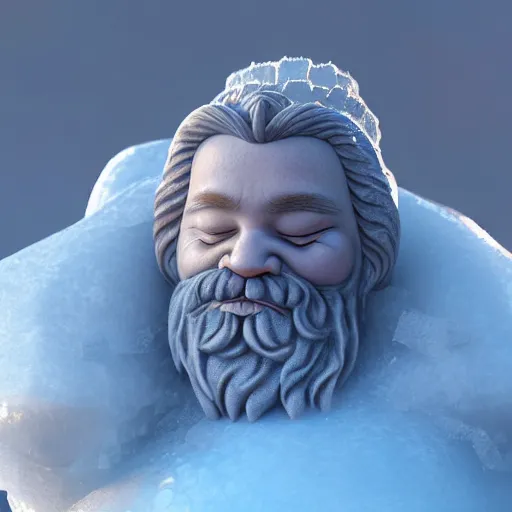 Prompt: an ice statue of a dwarf peacefully sleeping in his bead, stunning digital art high detail 4k octane