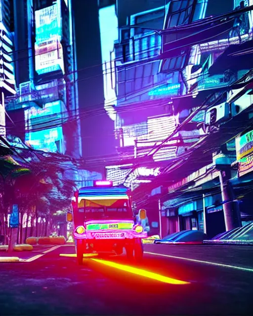 Image similar to philippine jeepney flying through cyberpunk manila city, cgi render, concept art, unreal engine