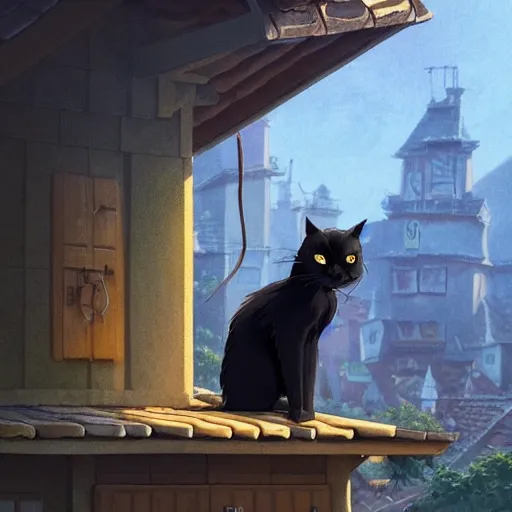 Prompt: a wholesome animation key shot of a black cat seated on top of a roof with tiles, medium shot, studio ghibli, pixar and disney animation, sharp, intricate details, rendered in unreal engine 5, anime key art by greg rutkowski, bloom, dramatic lighting, golden hour, warm colors