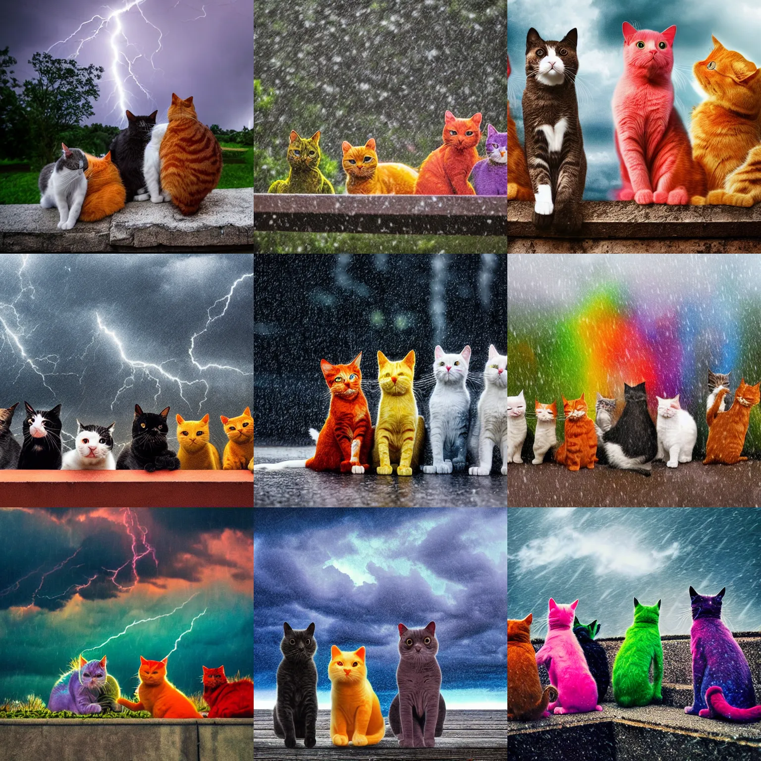 Prompt: daytime outdoor photograph of colorful cats in the middle of the storm, cloudy sky, thunder, lightning