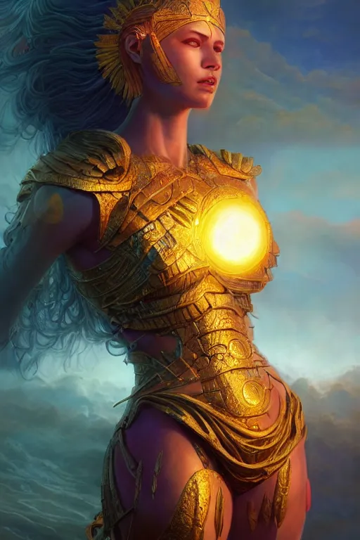 Prompt: a humanoid female god of the sun, highly detailed, d & d, fantasy, hyper detailed, digital painting, trending on artstation, apollo, concept art, sharp focus, illustration, highly saturated colors, art by artgerm and magali villeneuve and greg rutkowski and michael whelan, cryengine, 8 k realistic atmospheric lighting, frostbite 3 engine