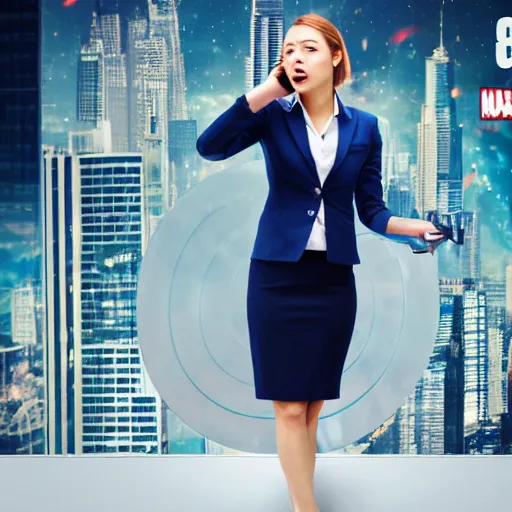 Prompt: a girl talking on a phone, wearing business clothes, marvel movie poster style, 8 k