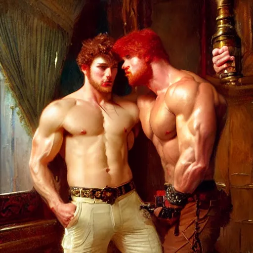 Image similar to attractive muscular mike with ginger hair with muscular attractive tyler with brunet hair, drinking their hearts out, in their noble mansion. highly detailed painting by gaston bussiere, craig mullins, j. c. leyendecker 8 k