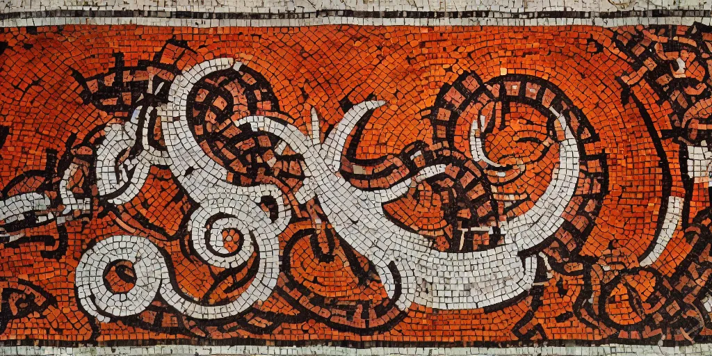 Prompt: roman mosaics of a orange kraken sinking a ship