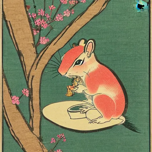 Prompt: japanese edo period woodblock print of a chipmunk eating pizza with pink blossoming cherry trees in the background