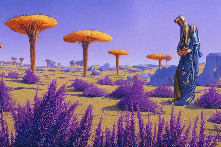 Prompt: evangelionic illustration, a lot of exotic deep blue vegetation, tall thin lavender trees, tremendous pleasure, gold iridescent flowers, oldschool vintage sci - fi flat surreal design, super - detailed, digital oil painting by moebius, hd, 4 k, high quality