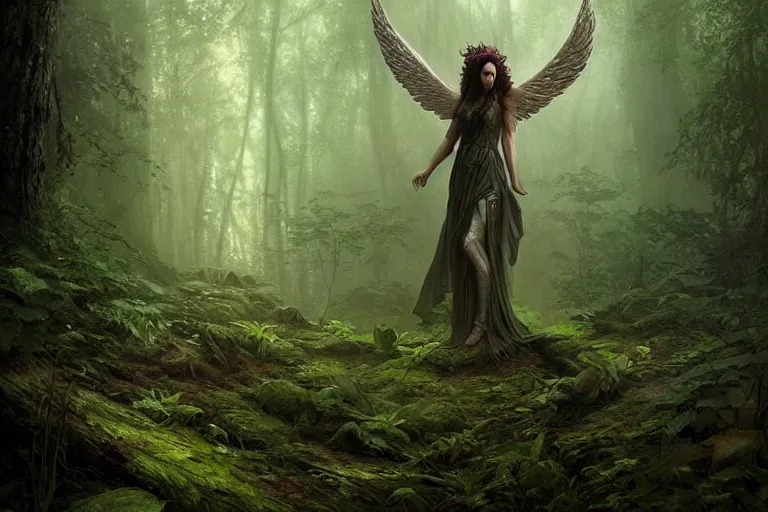 Prompt: antropomorthic earth angel, forest spirit, in a forest, natural light, lush plants and flowers, elegant, intricate, dark fantasy, atmospheric lighting, by Greg rutkowski