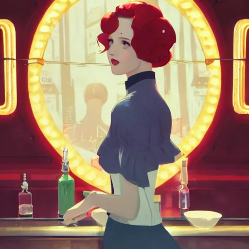 Image similar to portrait of a beautiful girl with red hair dressed in 1920's fashion, speakeasy bar background, rich vivid colors, ambient lighting, dynamic lighting, 4k, HQ, official media, anime key visual, makoto shinkai, ilya kuvshinov, lois van baarle, rossdraws, detailed, trending on artstation