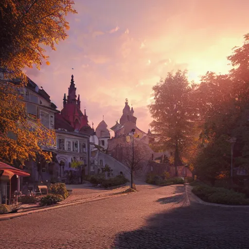 Image similar to a beautiful hyper realistic photo of banska stiavnica in summer with old houses and trees in sunset, sky, v - ray, octane render, unreal engine, by greg rutkowski and james gurney, artstation