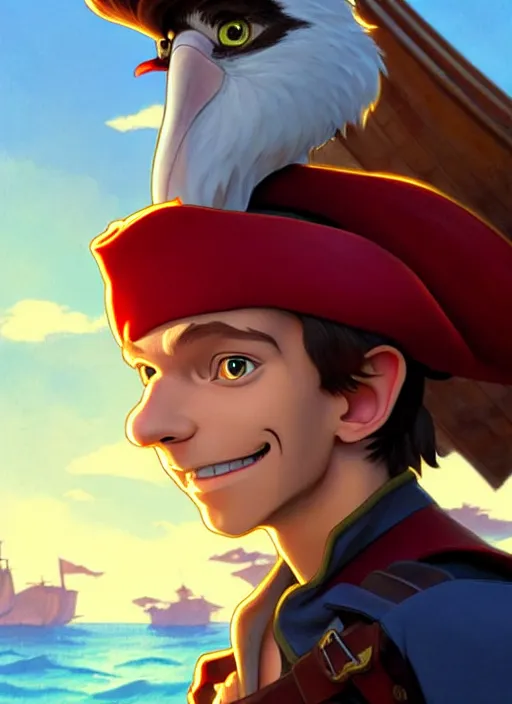Image similar to cute tom holland as a pirate captain. parrot on his shoulder, natural lighting, path traced, highly detailed, high quality, digital painting, by don bluth and ross tran and studio ghibli and alphonse mucha, artgerm
