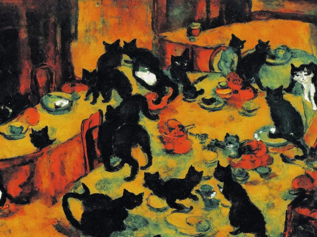 Image similar to Seven cats breaking the tableware. Painting by Emil Nolde