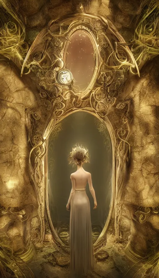 Prompt: goddess of illusion, beautiful, stunning, breathtaking, mirrors, glass, magic circle, magic doorway, fantasy, mist, bioluminescence, hyper - realistic, unreal engine, by disney concept artists