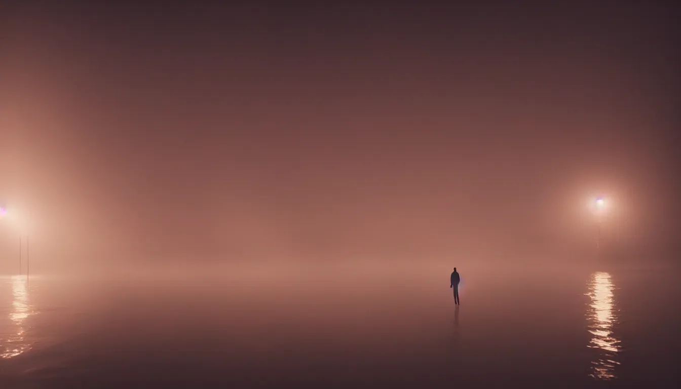 Image similar to 80s asian neon movie still with a lone man levitating over a pier by the river on early morning with city lights behind his back, Fog raising from river, Color film, Fallen angels movie still. hyperrealistic, photorealistic, high definition, medium format photography, highly detailed, tehnicolor, anamorphic 50mm lens