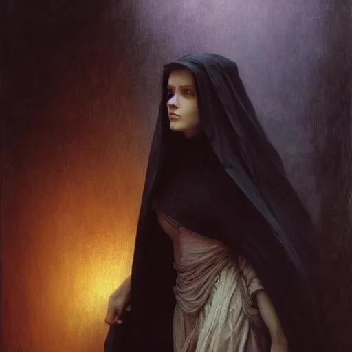 Prompt: concept art painting of attractive figure the called the ghost of the moonbow queen, black cloak, a rainbow in the dark, rainbow, by Michael Whelan, William Adolphe Bouguereau, John Williams Waterhouse, and Donato Giancola, cyberpunk, extremely moody lighting, glowing light and shadow, atmospheric, shadowy, cinematic, 8K
