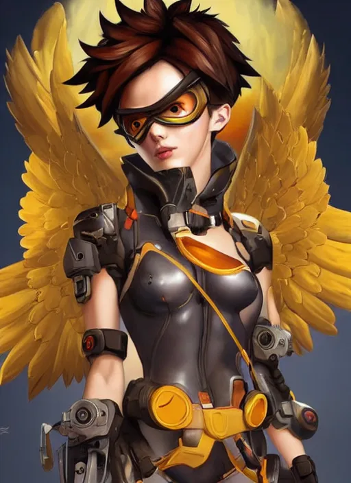 Image similar to full body oil painting of tracer overwatch in the style of mark brooks, angel wings, dramatic painting, symmetrical composition, wearing gold detailed choker, angelic, lights, flowers, heavenly, bright, detailed face,