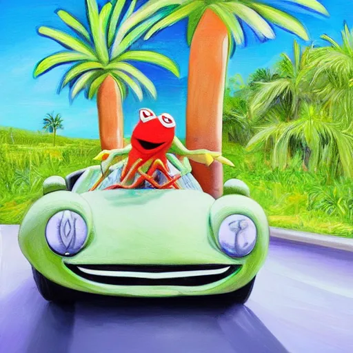 Image similar to kermit driving a car, palm trees, oil painting, detailed